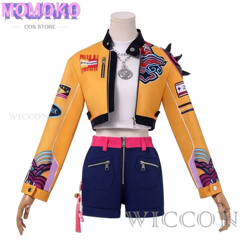 

CyKPop Охотники на демонов Фильм Руми Косплей с длинными фиолетовыми волосами и оранжевой курткой и крутыми шортами Костюм с красочным полным су