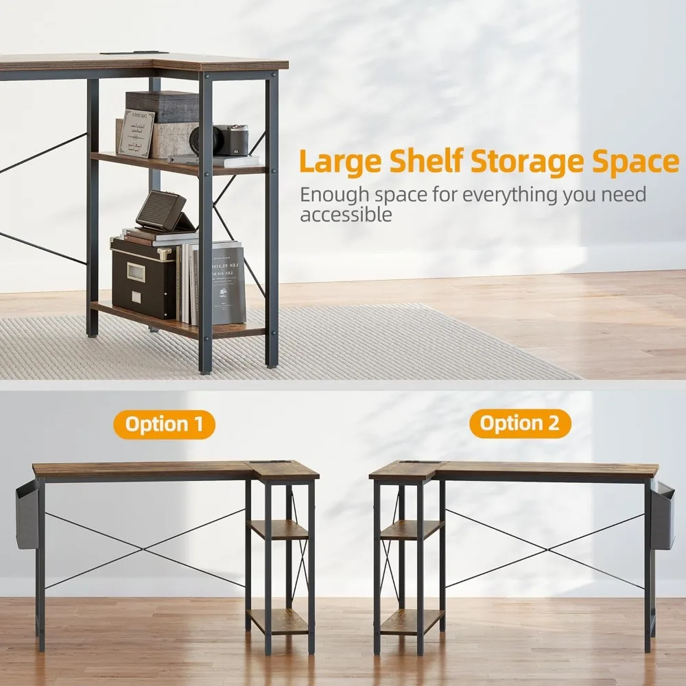 Escritorio de estudio y juegos en forma de L de 40 pulgadas con tomas de corriente, estantes reversibles para espacio de trabajo de escritorio esquinero