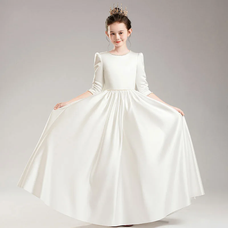 Girls' Elegant Princess Dress Girl Evening Dresses Children Piano Performance Long Sleeve White Clothes 4 to 12 Years