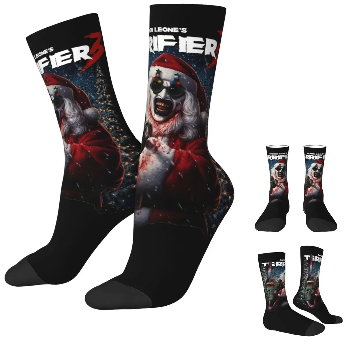

Colorful Terrifier 3 Merry Christmas Basketball Socks Clown Movie Horror Polyester Crew Socks for Unisex Breathable