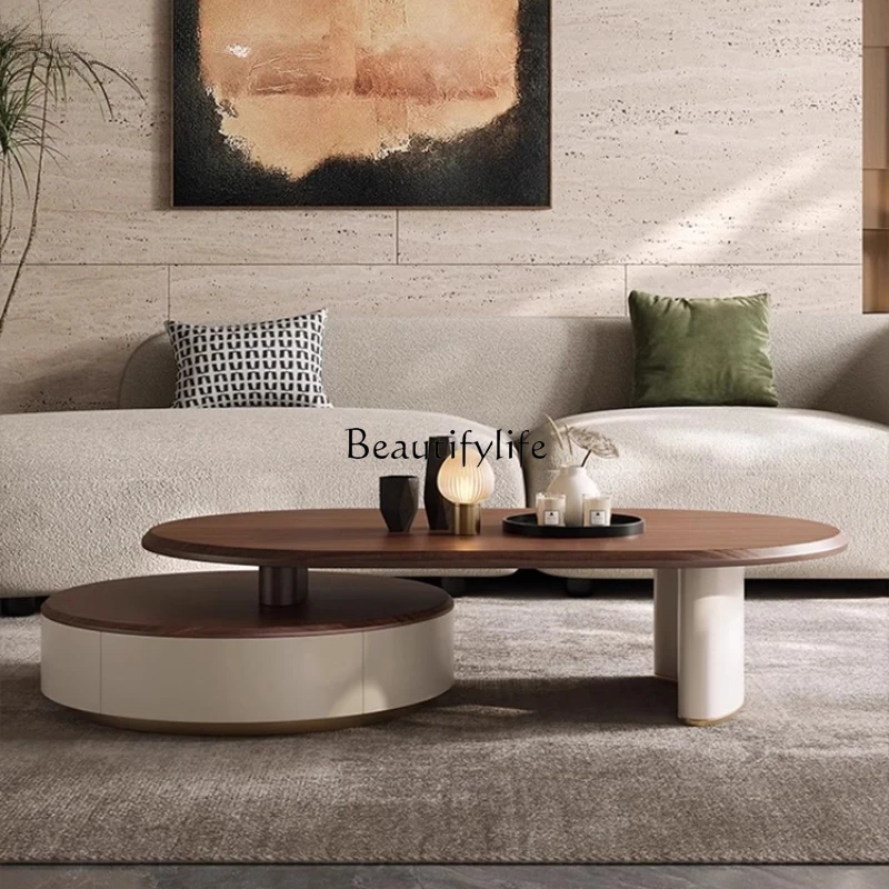 

Medieval style coffee table Italian modern simple living room household walnut leather retractable tea table