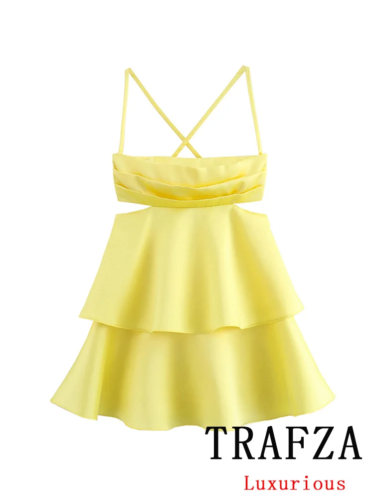 TRAFZA Vintage Casual Women Cami Dress Yellow Solid Hollow Out Ruffles Mini Vestidos Fashion 2024 Summer Party Dress