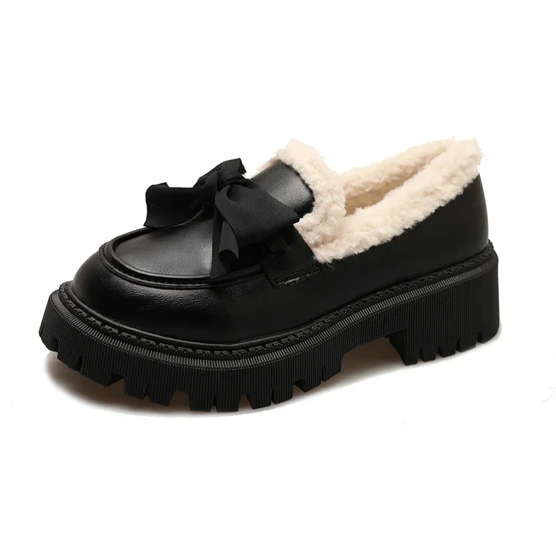 

Leather Shoes Women 2024 Round Head Comfort Loafers Thick Bottom Lolita Casual Warm Cotton Shoes Shallow Mouth Mary Jane Shoes