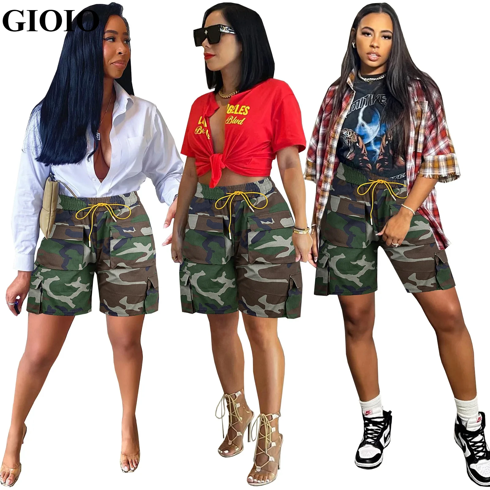 

GIOIO High Quality Summer Woman Casual Multi Pockets Cargo Shorts Camo Women Clothing Stree Mid Waist Camouflage Women's Shorts