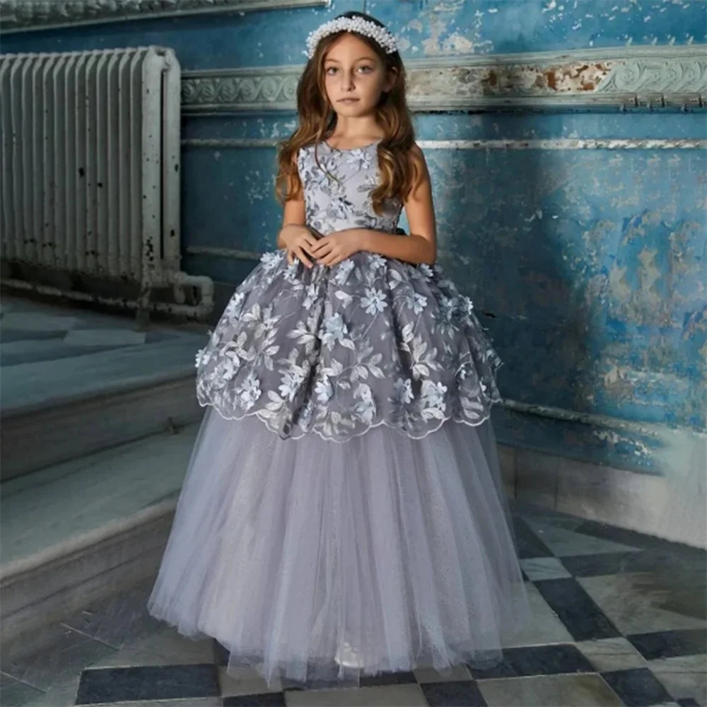 

Luxury Sleeveless Flower Girl Dress for Wedding 3D Flower Applique Tulle Floor Lenght First Communion Birthday party Gown Custom