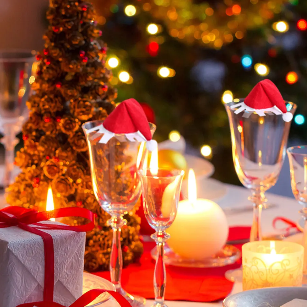 

20 PCS Christmas Hat Cup Set Decorations Wine Glasses Covers Gift Party Flutes Cups Great Favors