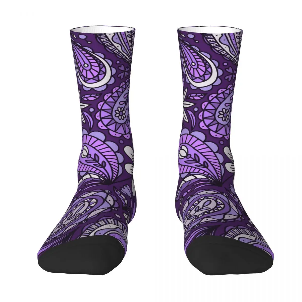 Boho Paisley Socken Weiß und Lila Freizeitstrümpfe Frühling Antibakterielle Paar Socken Atmungsaktive individuelle Laufsportsocken