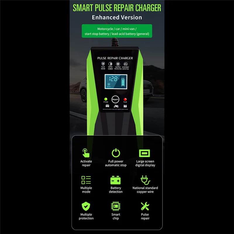

Simple 12V 10A Full Automatic Battery-Chargers Digital LCD Display Car Battery Chargers Power Puls Repair Chargers EU Plug Parts