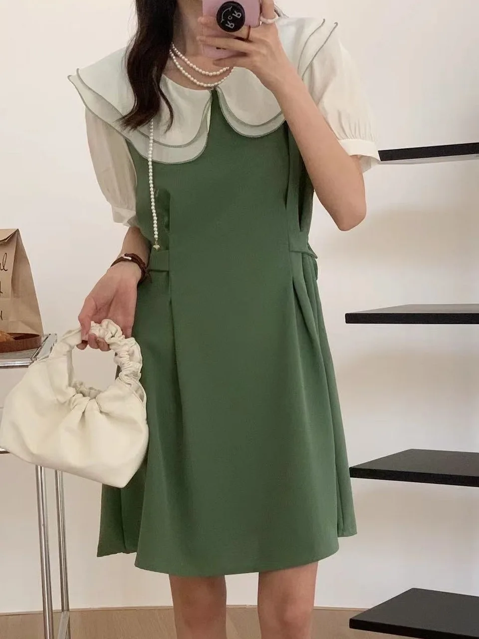 Colar de boneca de camada dupla falso de duas peças dr feminino dongda gate coreano sle commute ort sve cintura costurada verão dr