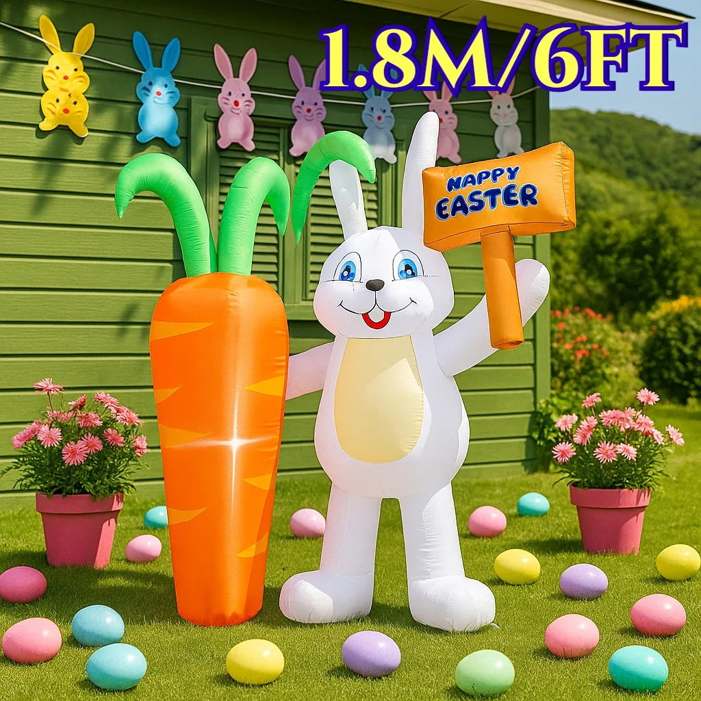 

Easter Inflatable Toys 1.8M/6FT Road Signs Rabbit with Carrot Outdoor Glowing Model Homes Garden Happy Easter Decoration Gift