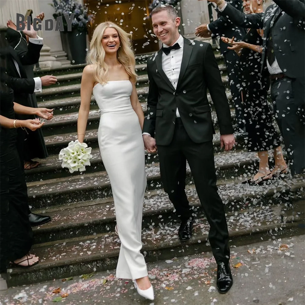 Elegant Strapless Wedding Dress Women 2025 Simple Ankle-Length Open Back Split Satin Bridal Gown Vestido De Noiva Customized