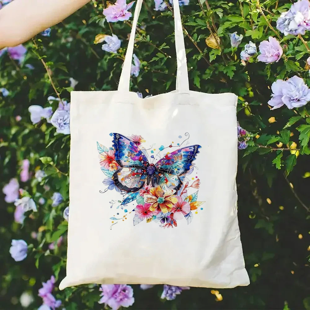 

Watercolor Butterfly Canvas Tote Bag Colorful Floral Art Aesthetic Reusable Cotton Grocery Shopping Shoulder Bag for Women
