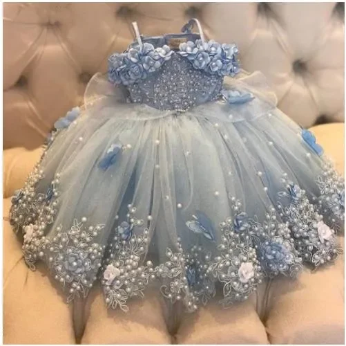 Robes de demoiselle d'honneur pour bébé, robe longue, bleu ciel, perles, dentelle, papillons, bébé, fête de mariage, premier anniversaire, Rh