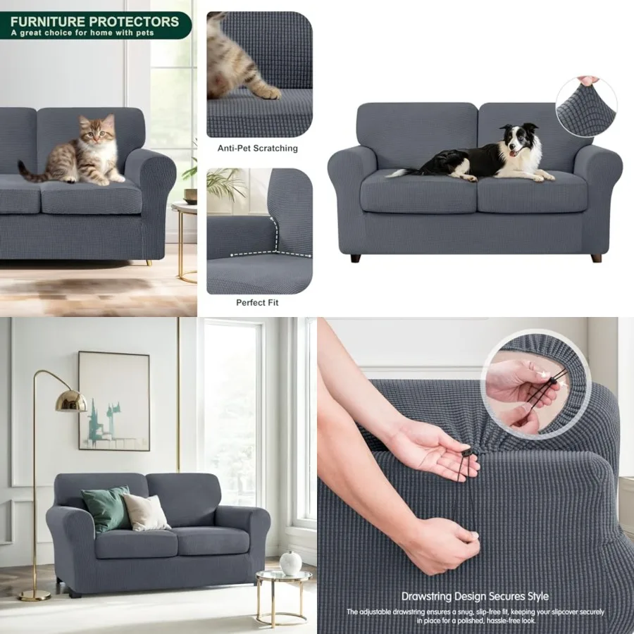 

5 Pcs Loveseat Covers Couch Covers for 2 Cushion Couch, Stretch Sofa Slipcovers with Separate Backrest and Cushion Covers, Anti