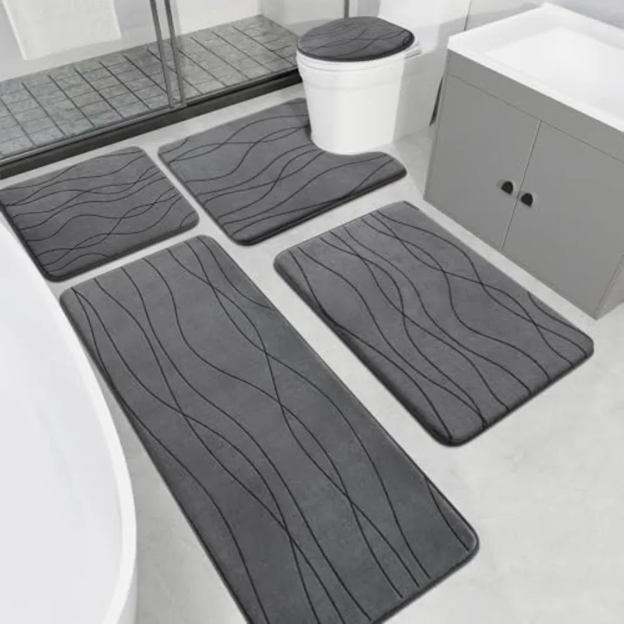 

Memory Foam Grey Bathroom Rug Sets 5 Piece Ultra Absorbent Bath Mat for Bathroom - Non-Slip Machine Washable and Dry Quickly 5