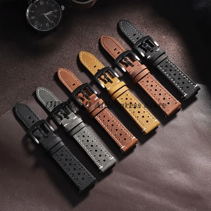 18mm 19mm 20mm 21mm 22mm 24mm 다공성 통기성 소 가죽 시계 밴드 가죽 스트랩 퀵 릴리스 스포츠 팔찌 남성 여성 손목 벨트