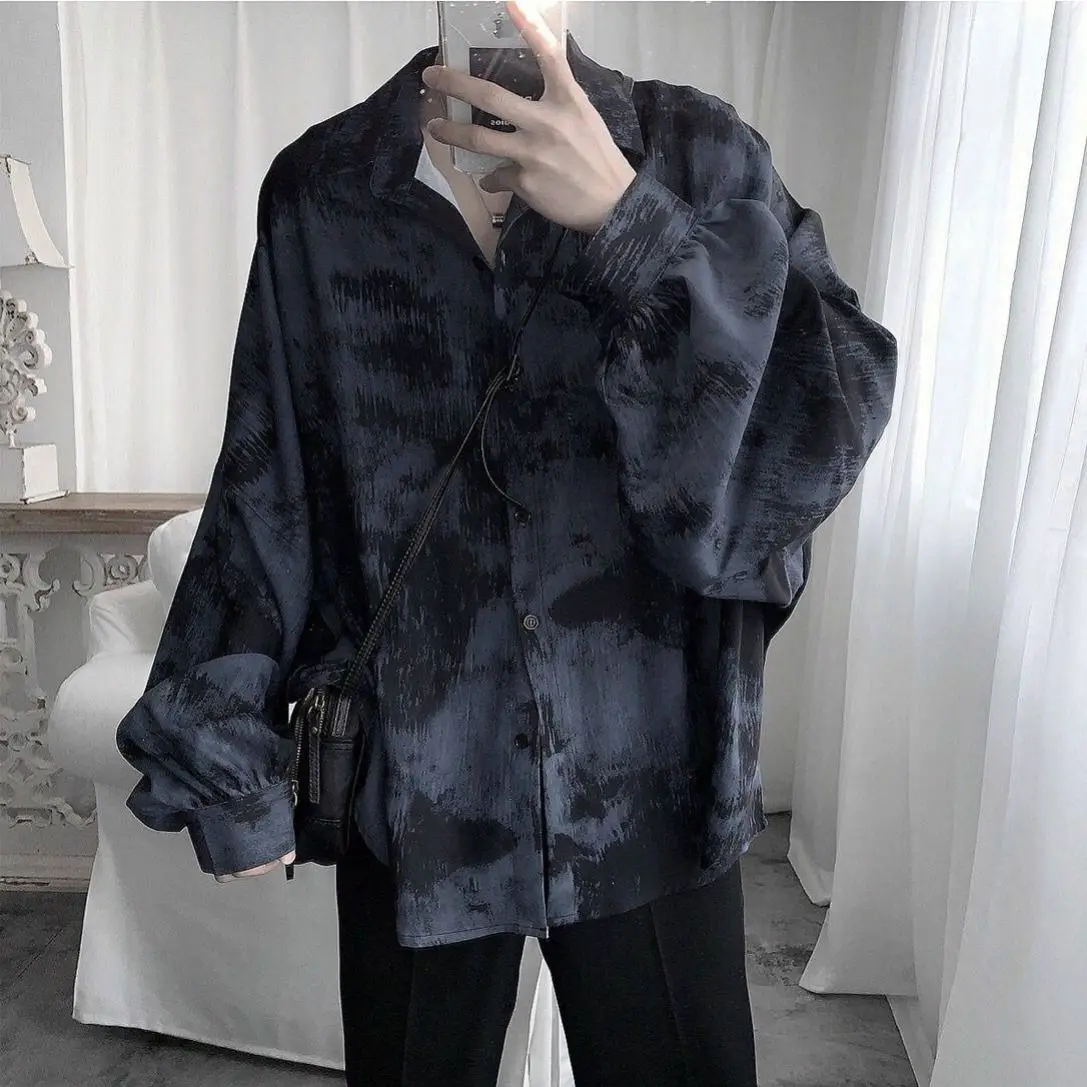 

Tie dye loose shirt men long sleeved early autumn Korean version student ins men shirt dark abstinence inch shirt men shirts y2k