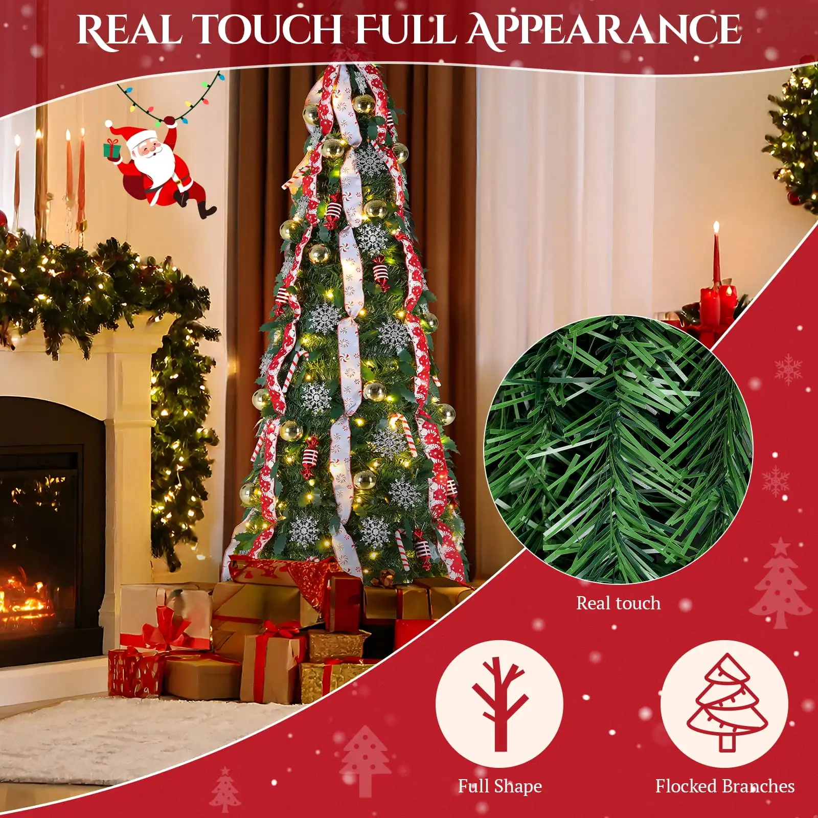 

4/5/6/7FT Pop Up Christmas Tree with Ornaments, Fully Decorated Pre-Lit, Collapsible Christmas Tree w/ Remote, Colored Lights