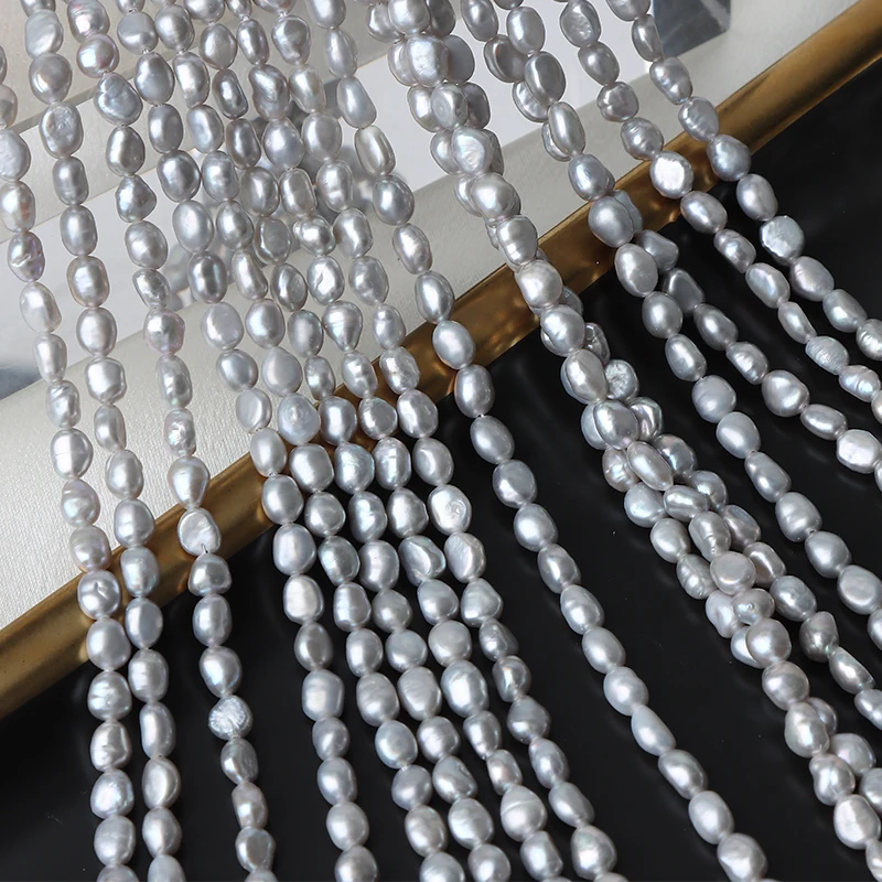 4.5-5mm straight-hole irradiated gray two-sided glossy Baroque DIY strand, approximately 37cm long.
