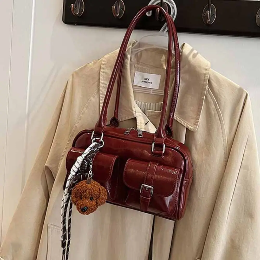 Simple Korean Style PU Bowling Bag Solid Color Minority Design Pocket Boston Tote Bag Handbag French Style Underarm Bag Girls