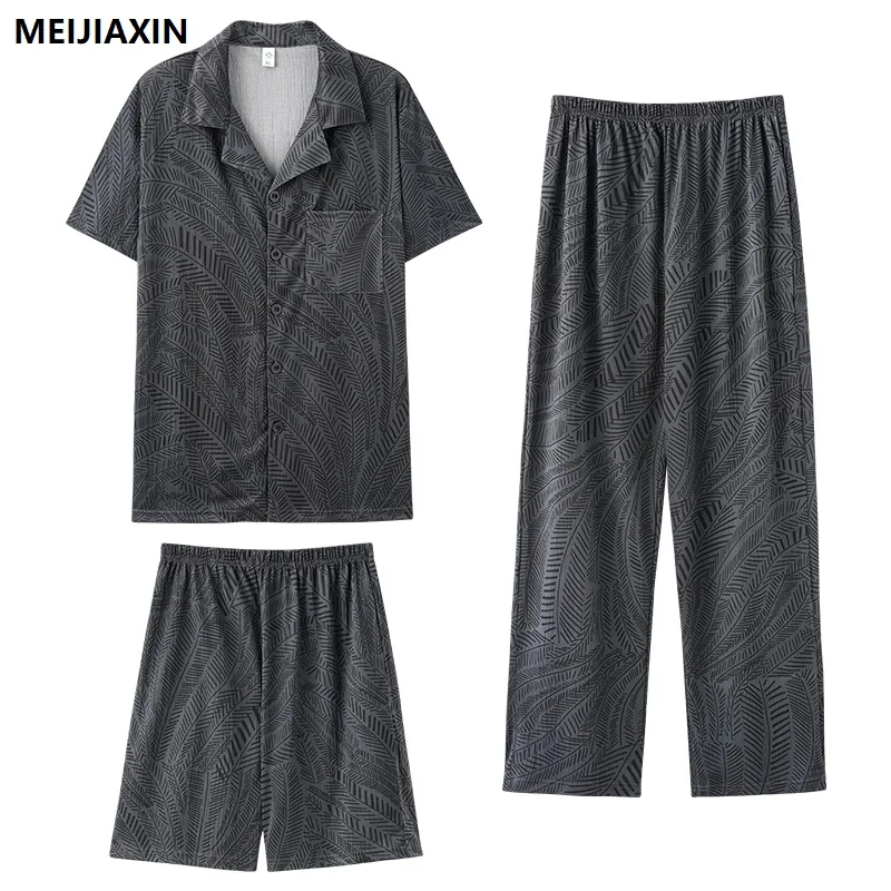 

Summer Cotton Men Short Sleeve Pajamas Short Tops+Short Pants+Long Pants 3Pcs Set Male Pyjamas Mens Sleepwear L-4XL