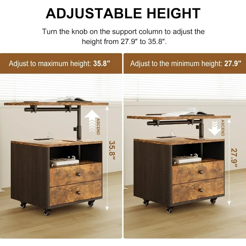 Bedroom Nightstand With Drawers & Charging Station, Adjustable Height Bedside Table With Wheels, Wooden Small Sofa Side Tables