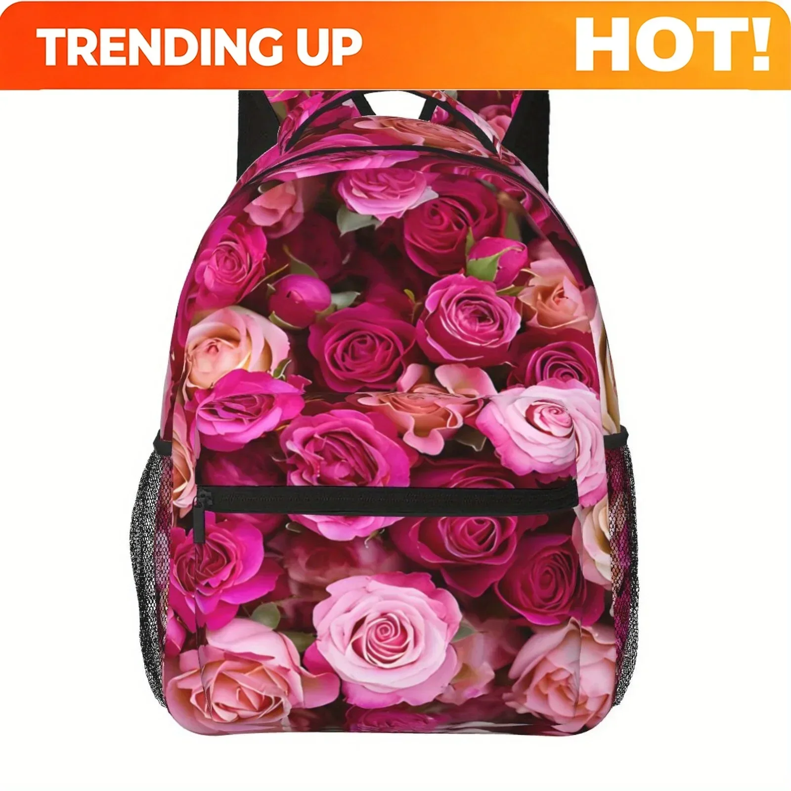 Custom Bag 1pc Rose Theme Semi-Full Printed Large Capacity Backpack, Lightweight Durable Polyester Fiber Leisure Backpack, Lapto