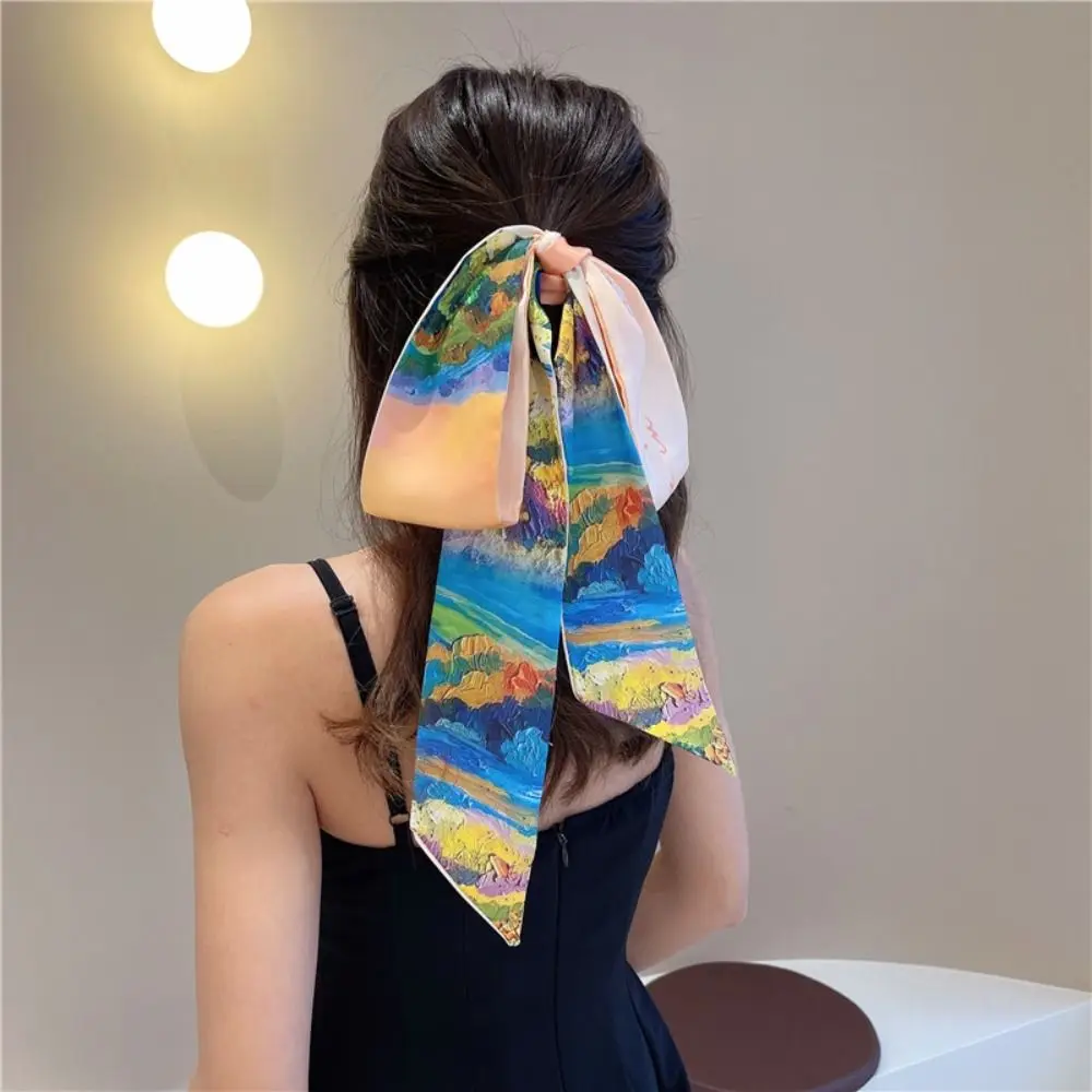 

Retro Floral Headband Oil Painting Chinese Style Headscarves Ribbon Neck Tie