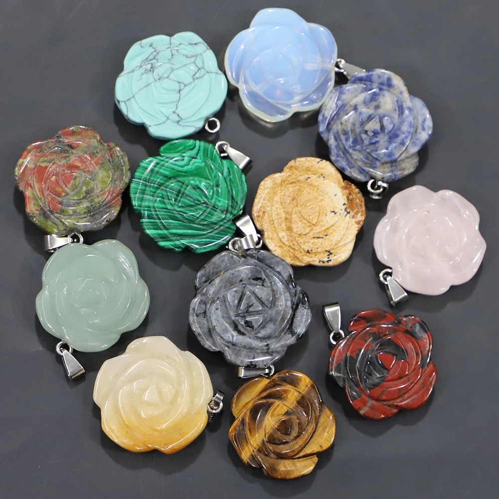 

Best Selling Fashion Natural Stone Rose Flower Necklace Pendants Turquoise Carved Reiki Charms Jewelry Accessory Wholesale 6Pcs