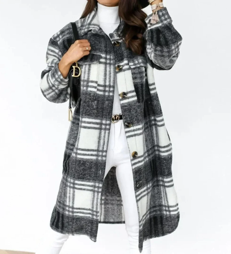 

Womens Single Breasted Trench Coat Long Woolen Plaid Overcoat Fashion Autumn Winter Long Sleeve Outerwear