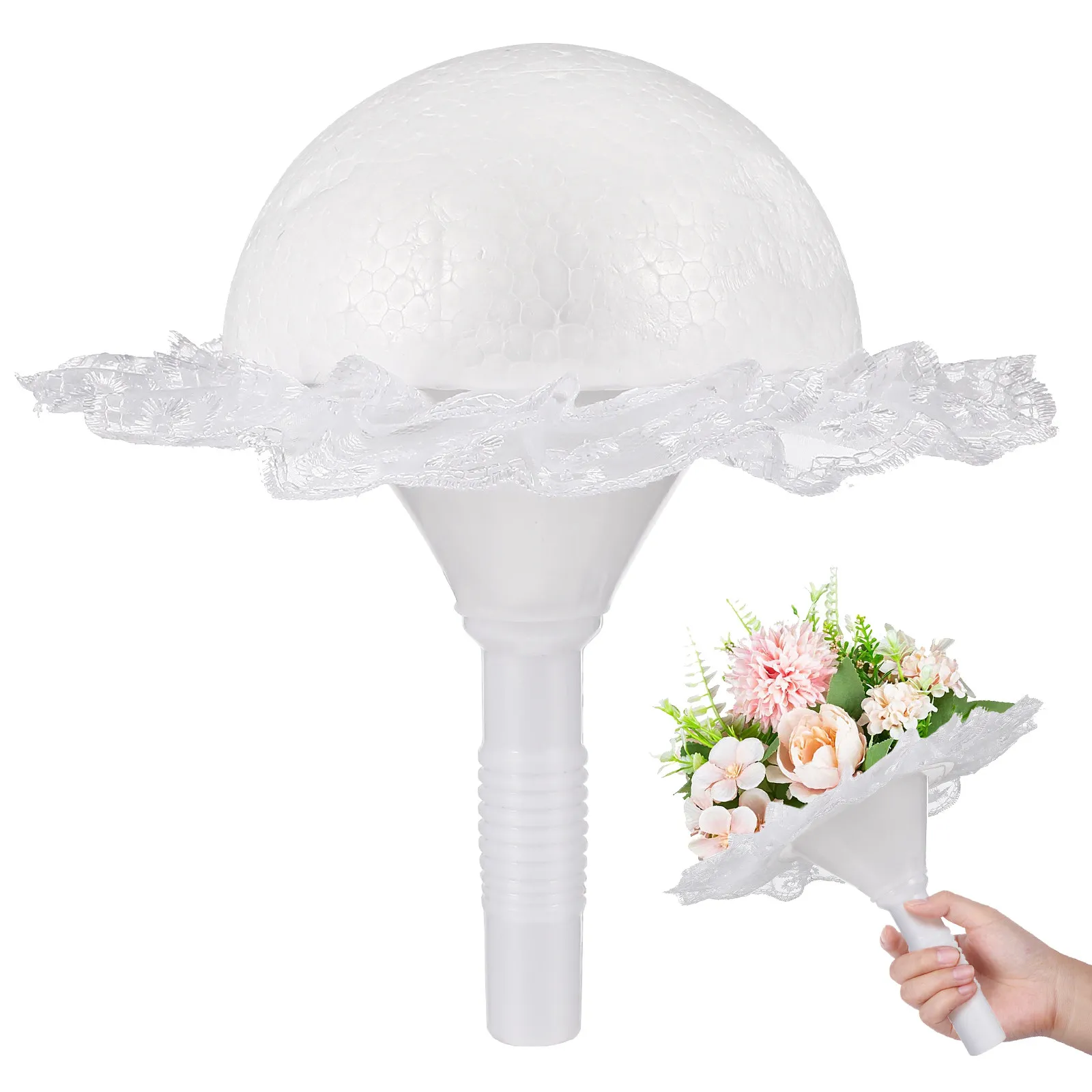 1Set Wedding Bridal Bouquet Holder Foam Half Ball Lace Handle Flower Stand for Fresh and Artificial Flowers Bouquet Holder view 2
