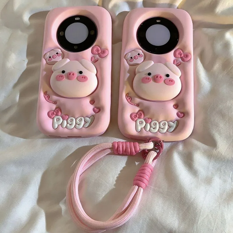 

New INS Funny 3D Cartoon Pink Pig Head Shape Soft Phone Case For Huawei Mate60 P70 Pro + Protective Cover With Holder Lanyard