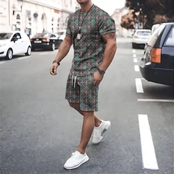 Men's Tracksuits Summer Short Sleeve T Shirt Shorts 2 Pc Sets Oversized Men Clothing O Neck Print Male Street Sportswear Suits