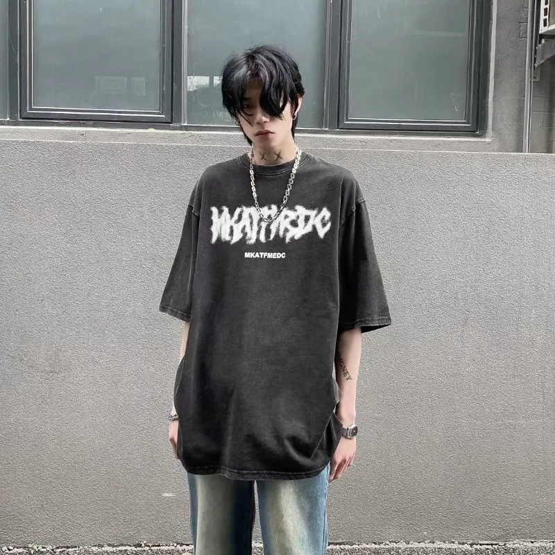 

Korean Fashion Vintage Washed Fuzzy Letter Graffiti Five Quarter Sleeve T-shirt American Street Style Retro Top Male Clothing
