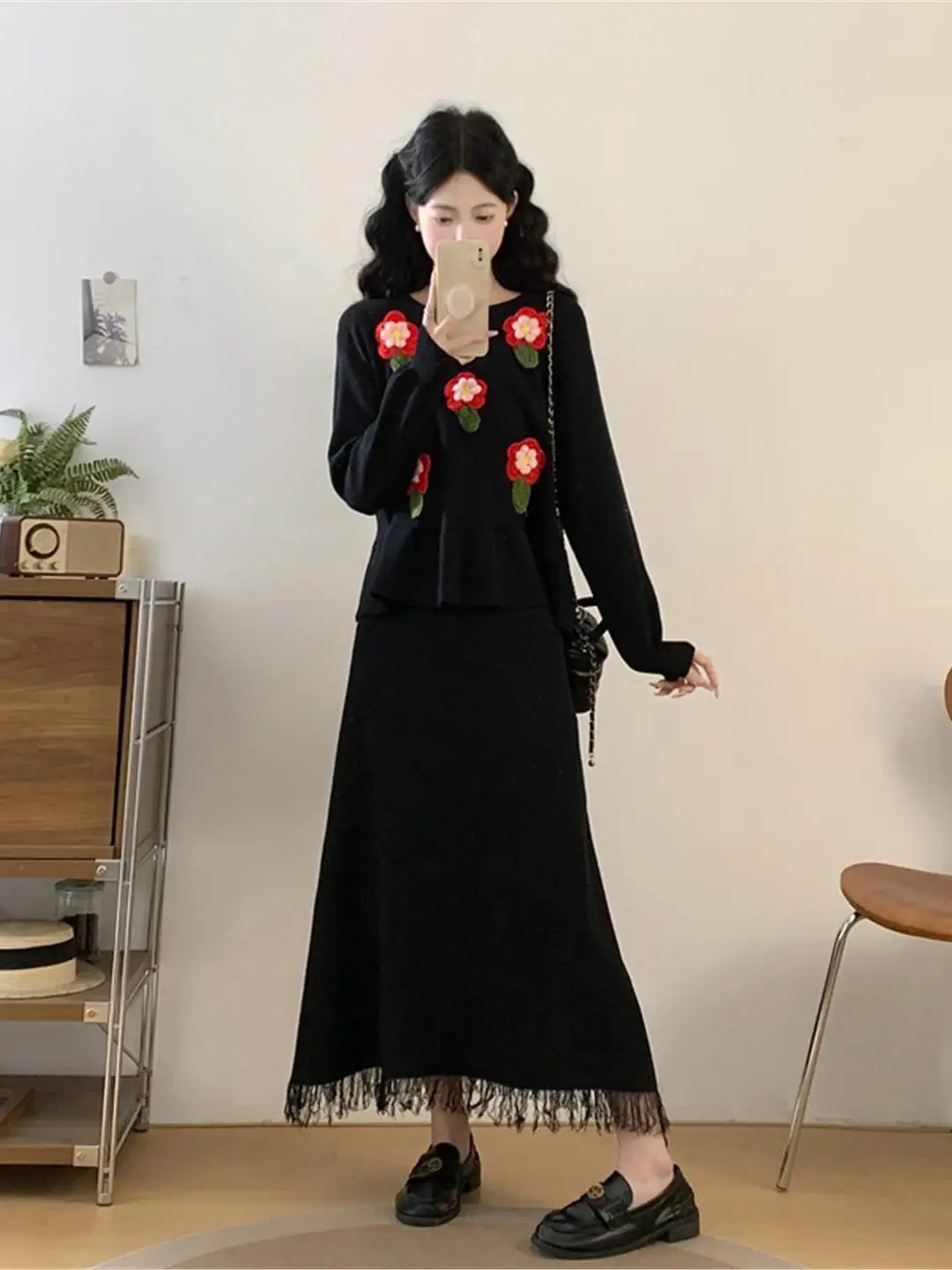 Tamanho grande feminino camisola de malha colete saia conjunto floral bordado inchado duas peças suíte commute coreano sle primavera temporada