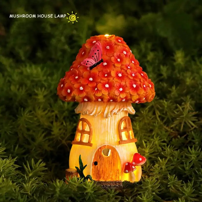 Solar Mushroom Lights Cute Resin Mushroom House Fairy Lights Garden Decoration Resin Crafts Outdoor Yard Patio Lawn Decor