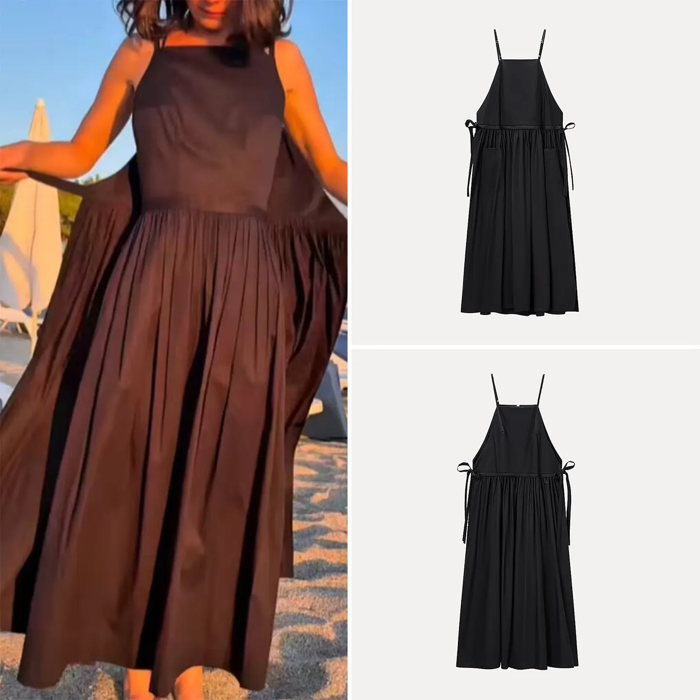 Fashionable Casual Pure Color Belted Strap Dress Women's Summer 2026 New Arrival A-Line Skirt Style Vacation Wear