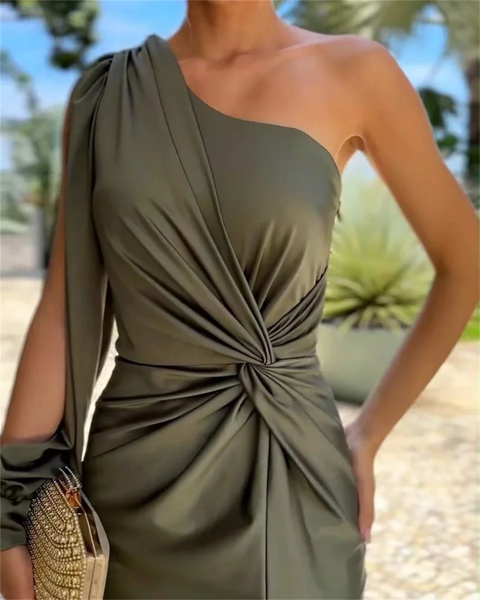 Women Fashion Party Maxi Dress Summer Solid One Shoulder Long Sleeve Cut Out Irregular Pleated Nipped Waist Slit Dresses 2024