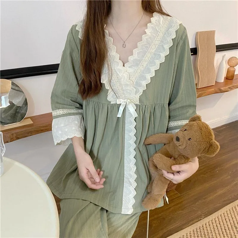 2024 New Pajamas for Women Solid Color Sweet Loose Sleepwear Pullover Homewear Set V-neck Lace Contrasting Colors Loungewear