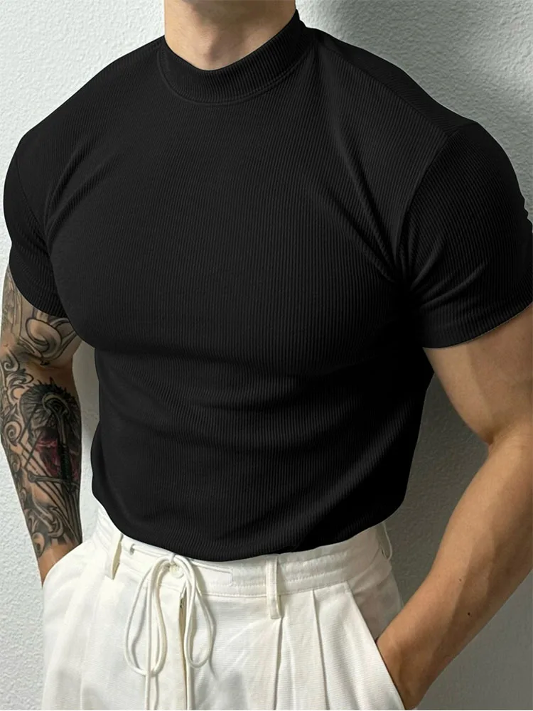 2025 summer fashion Men's T-shirt Small high collar stripe shirt short sleeve fitness top leisure sport T-shirt Men sportswear