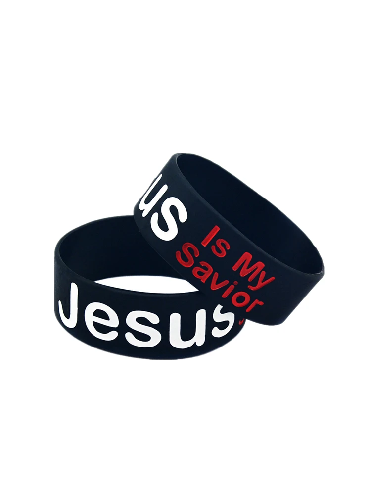 1 Stück 1 Zoll breites Silikon-Gummi-Armband mit der Aufschrift „Jesus ist mein Erlöser“ – religiöser Bibelvers-Armreif in Schwarz – Detail 7