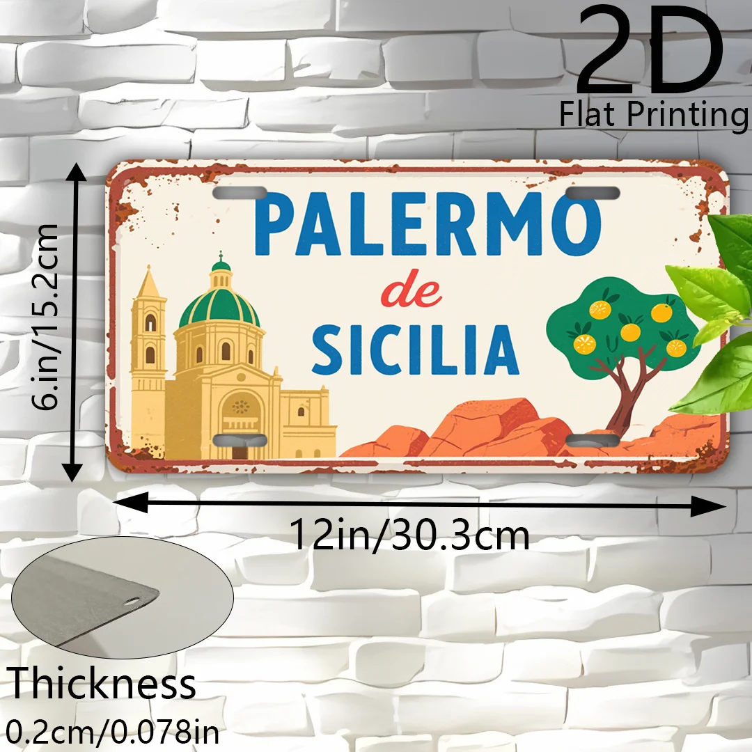 2D Flat, 1pc Vintage Italian Sicily Palermo City Sign - Retro Travel Poster - Heavy-Duty Aluminum Metal Plaque - 6x12 Inch (15x3