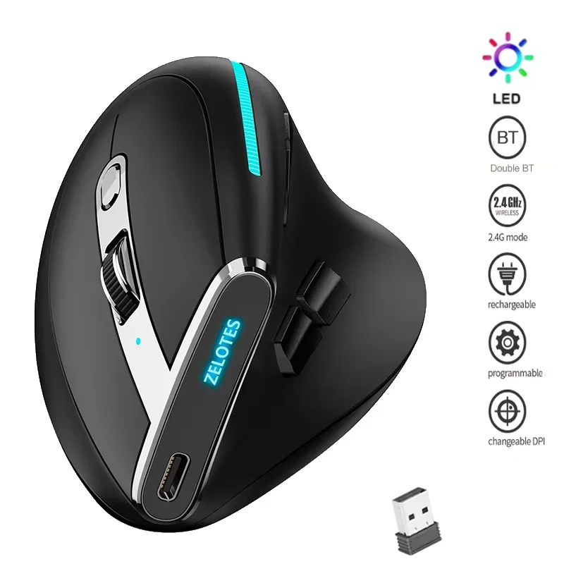 

Беспроводная вертикальная мышь Bluetooth 2,4G, перезаряжаемая программируемая эргономичная мышь для портативного планшетного компьютера