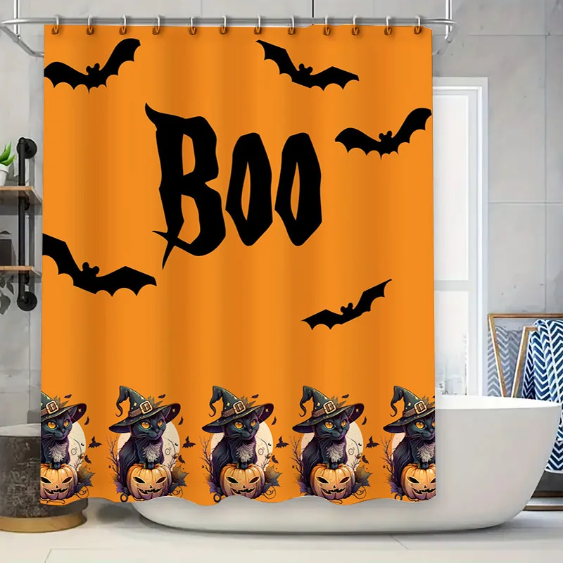 

Занавеска для душа на тему Хэллоуина с надписью Boo и рисунками жутких кошек для декора дома с привидениями в аксессуарах для ванной комнаты