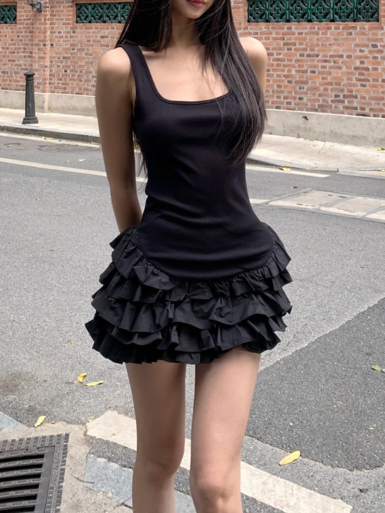 Chic Y2K Sleeveless Mini Dress For Woman Summer Black Dresses Sexy Clubwear Party Slim fit Ruffle Pleated Short Dress image 3