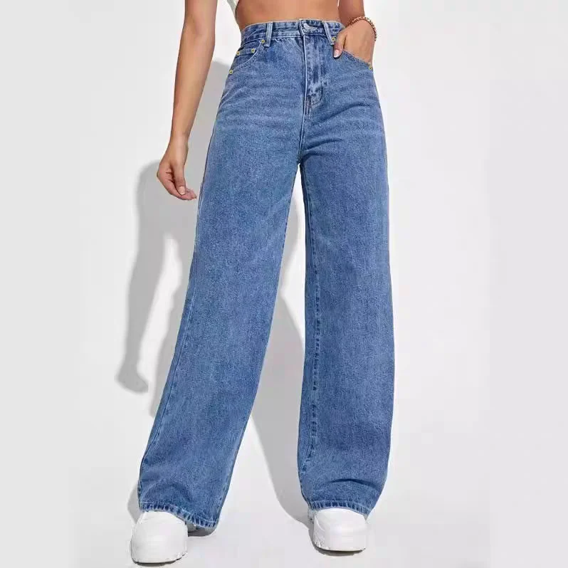 High Waist Loose Fit Button down Denim Jeans Women's Korean Style Casual Straight Leg Pants Commute Versatile Washed Effect
