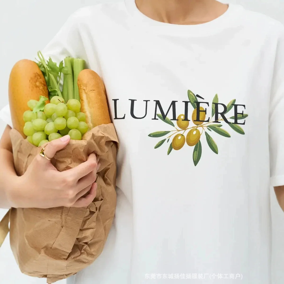 Sweet Fashion French LUMIÈRE Olive Branch Front Chest Print Oversized White 100% Cotton Minimal Summer T Shirt Preppy Campus Top