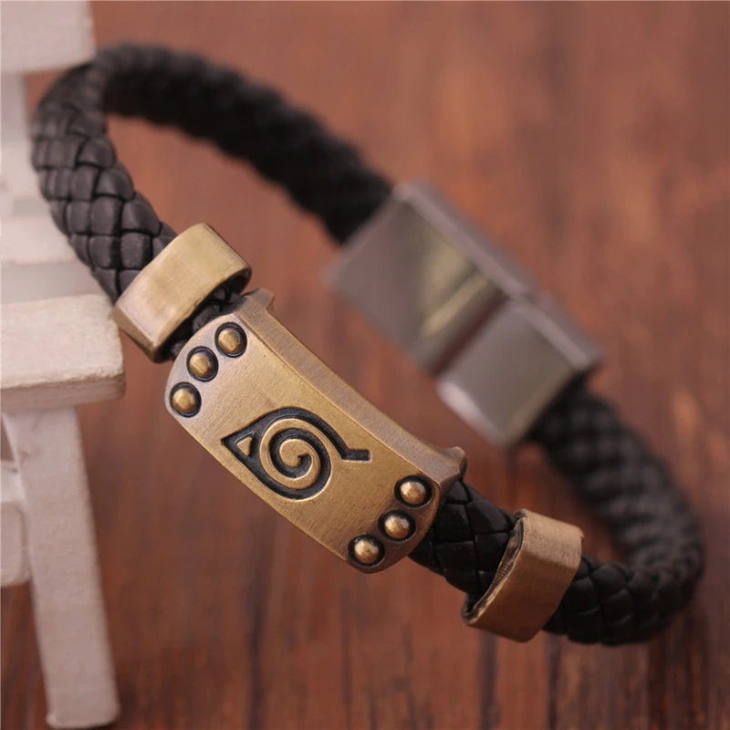 Vintage Narutos Konoha Sign Pendant Bracelet for Men Women Leather Knitted Metal Wristband Bangle Fans Cosplay Jewelry Gifts