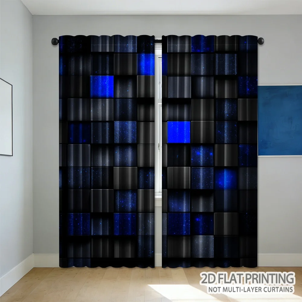 Blue and black checkered design. Filtered polyester curtains come with a pole bag, easy to hang and machine washable