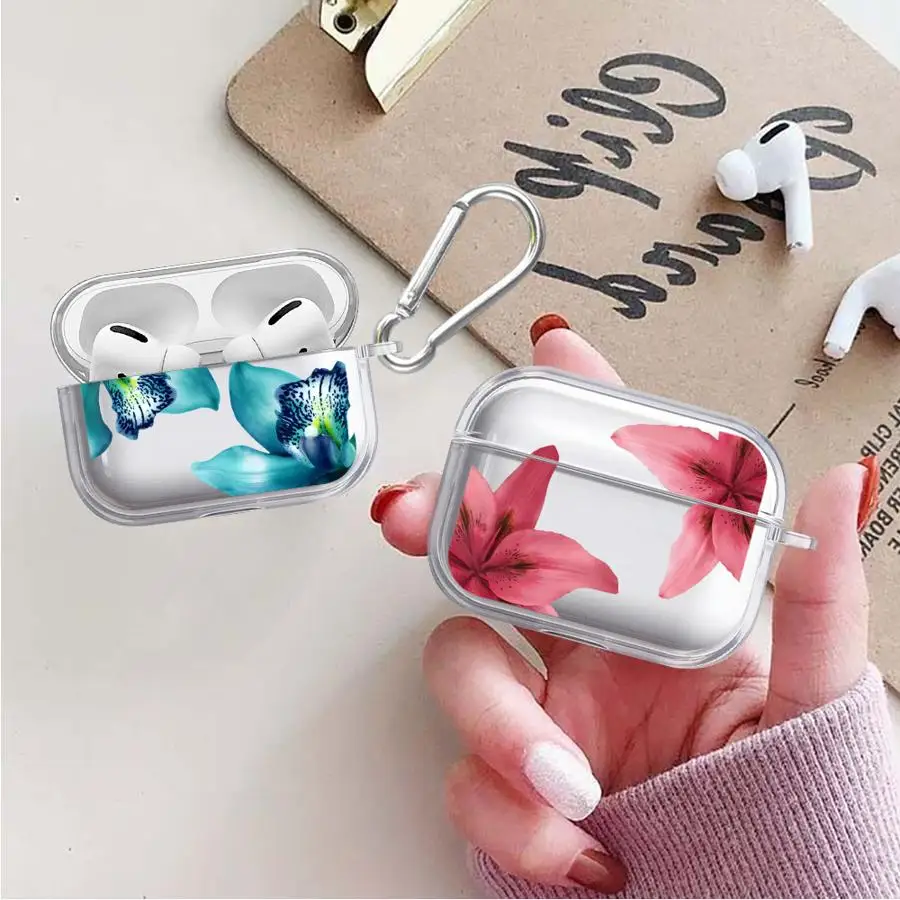 Clear Earphone Cases Cover Case For Airpods 1 2 Pro3 4 Pro 3 Pro2 Red Lily Flower Pattern